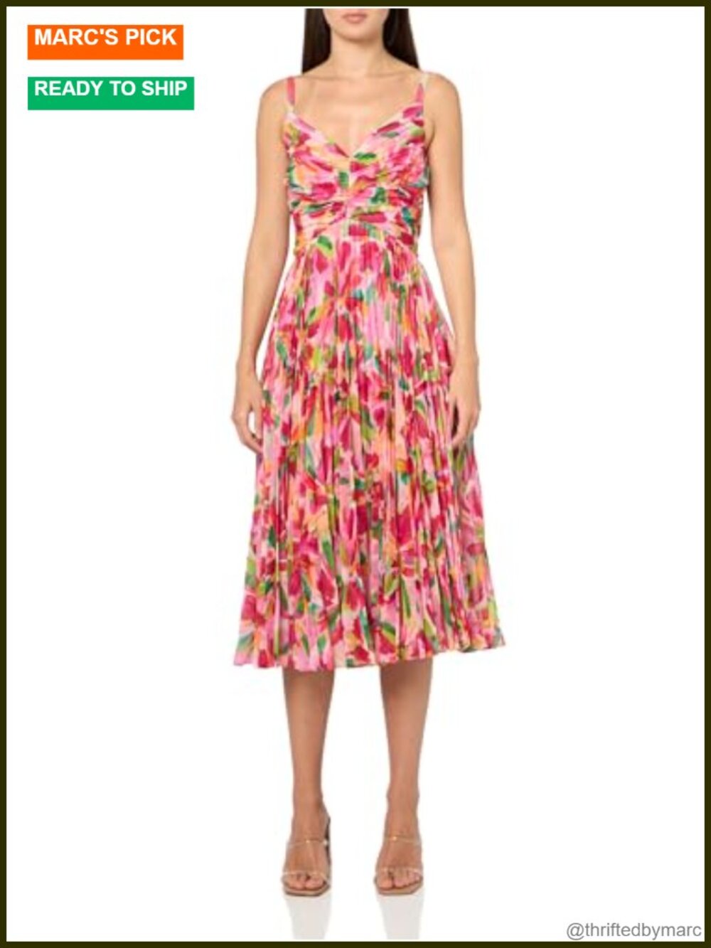Pleated Midi Dress Shirred Bodice V-Neck Tank Chiffon Cocktail